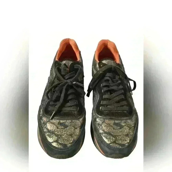 ETRO Green  Gold Cheetah Metallic Suede Nylon Sneakers Leopard Print 8US Italy - Picture 2 of 10